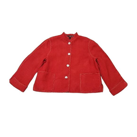 Linda Allard Ellen Tracy Red Linen Blazer Sz 14 Midi Cuffed Sleeve Office - Picture 1 of 12